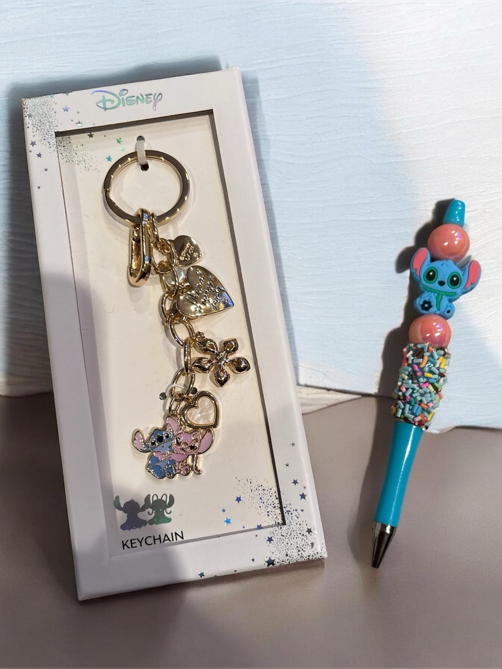 Disney Gold & Pink Stitch Keychain with handmade stitch pen -